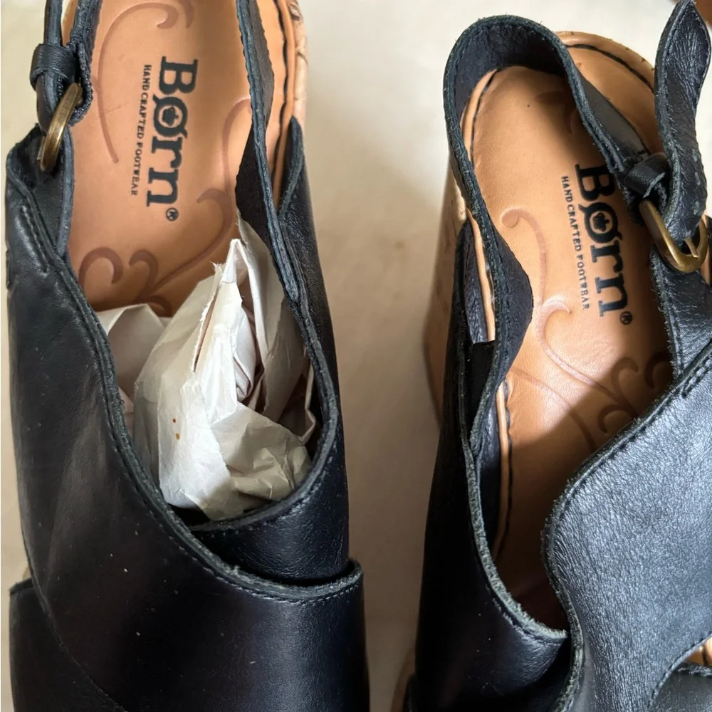 Born Black Leather Cork Wedge Sandals